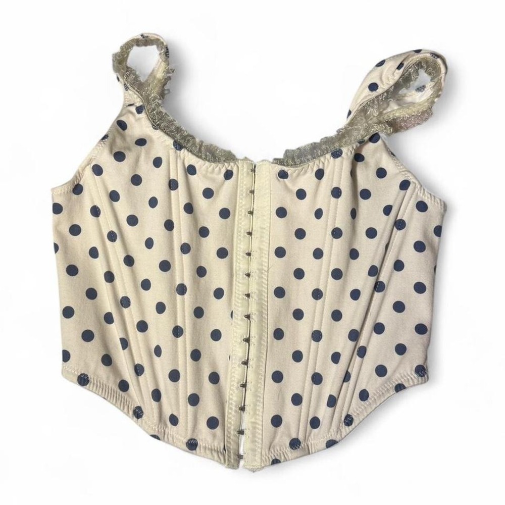 Altar'd State size S cream & navy polka dot corset top with lace trim